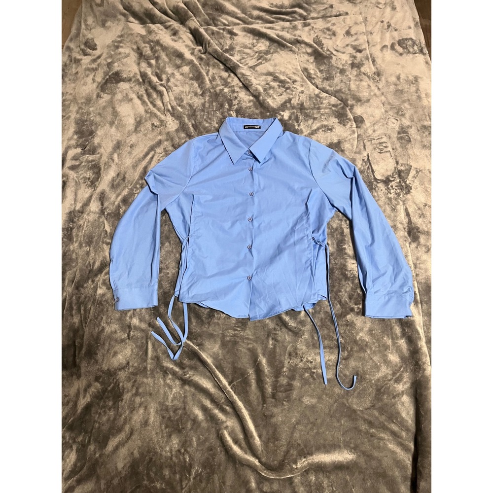 Dazy Womens Blue Side Tie Cinched Button Down Shirt Blouse Size XL